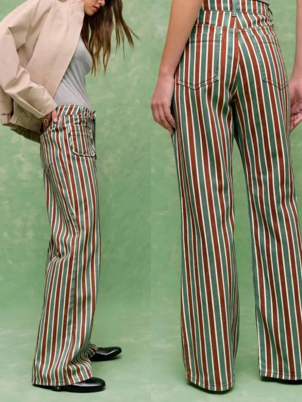 Green & Brown Striped Flare Denim Jeans with Front Pockets